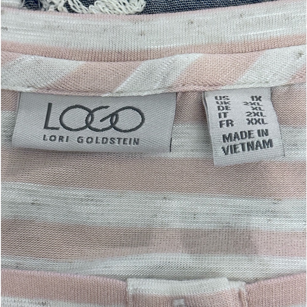 LOGO by Lori Goldstein Pink and White Striped Slub Henley
Top with Embroidery 1X - Picture 12 of 16